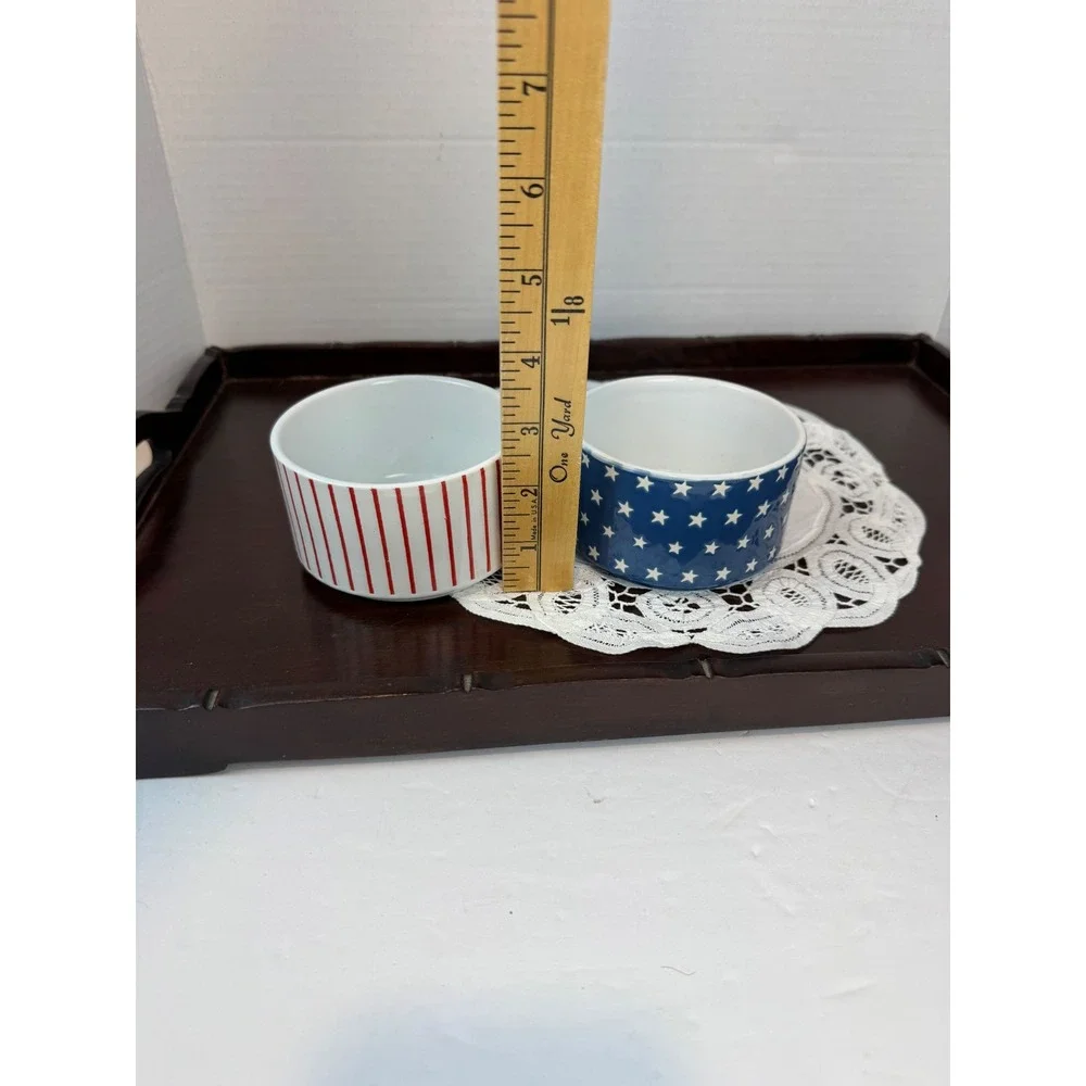 Stoneware Patriotic Stars and‎ Stripes Ramekin Set Red White Blue Bowls 2pc